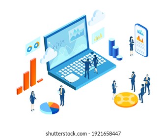 Isometric 3D Business Environment Infographic.  Business People Work Together As One Team, The Way To Success, Economy Growth, Financial Advising And Business Support Idea