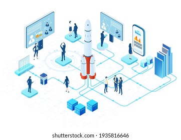 Isometric 3D Business Environment Infographic. Business People Work Together Next To Rocket. Rocket Is Ready For Start, Technology, Space Technology, Space Industry, Start Up Concept