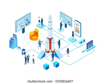 Isometric 3D Business Environment Infographic. Business People Work Together Next To Rocket. Rocket Is Ready For Start, Technology, Space Technology, Space Industry, Start Up Concept