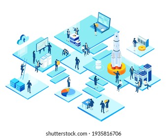 Isometric 3D business environment infographic. Business people work together next to rocket. Rocket is ready for start, technology, space technology, space industry, start up concept