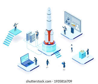 Isometric 3D business environment infographic. Business people work together, building big rocket, technology, space technology, space industry, start up concept