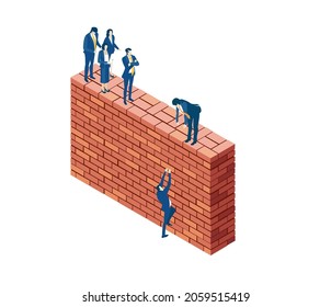 Isometric 3D business environment infographic. Business people work together next to brick wall. Help, support, team idea