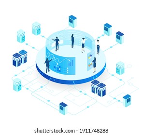 Isometric 3D business environment. Business management. Isometric office space, server room with business people. Technology, success, internet, data protection and personal security infographic