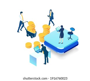Isometric 3D business environment. Business management. Isometric office space,  business people, bankers working with golden coins. Saving, earnings, investment strategy