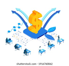 Isometrisches 3D-Geschäftsumfeld. Geschäftsführung. Isometrischer Büroraum, Geschäftsleute, Banker, die mit goldenem Dollarzeichen arbeiten. Sparen, Erträge, Anlagestrategie