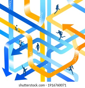 Isometric 3D Business Environment. Business Management. Isometric Space With  Business People, Running In Different Directions In Order To Get The Right Way. Strategy, Support, Planning Concept