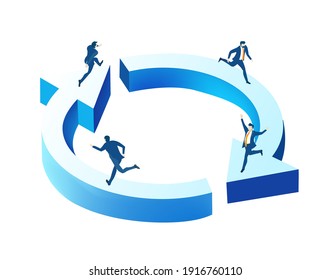 Isometric 3D business environment. Business management. Isometric space with business people running around the arrows try to chase each other 