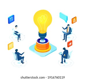 Isometric 3D business environment. Business management. Isometric space with business people working together around light bulb as symbol of creating new ideas