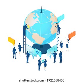 Isometric 3D Business Environment. Business Management. Isometric  Space With  Business People Work Around Globe As Symbol Of Generating Fresh Content And New Ideas. Infographic Illustration