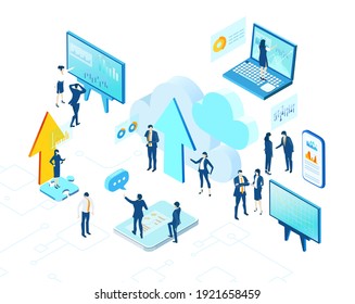 Isometric 3D business environment. Business management. Isometric office space, business people work around laptop as symbol of generating fresh content and new ideas. Infographic illustration