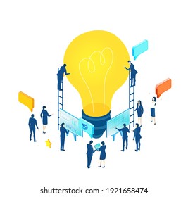 Isometric 3D business environment. Business management. Isometric office space, business people work around light bulb as symbol of generating fresh content and new ideas. Infographic illustration