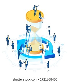 Isometric 3D business environment. Business management. Isometric office space, business people work around sand glass. Time is money infographic illustration