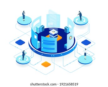 Isometric 3D business environment. Business management. Isometric office space, server room with business people. Technology, success, internet, data protection and personal security infographic