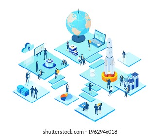 Isometric 3D business environment. Business management. Isometric office space, business people work around globe as symbol of generating fresh content and new ideas. Infographic illustration