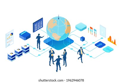 Isometric 3D business environment. Business management. Isometric office space, business people work around globe as symbol of generating fresh content and new ideas. Infographic illustration