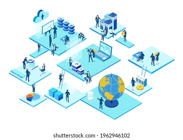 Isometric 3D Business Environment. Business Management. Isometric Office Space, Business People Work Around Laptop As Symbol Of Generating Fresh Content And New Ideas. Infographic Illustration