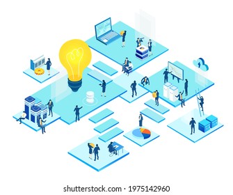 Isometric 3D business environment. Business management. Isometric office space, business people work around light bulb as symbol of generating fresh content and new ideas. Infographic illustration