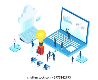 Isometric 3D business environment. Business management. Isometric office space, business people work around laptop as symbol of generating fresh content and new ideas. Infographic illustration