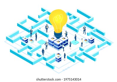Isometric 3D business environment. Business management. Isometric labyrinth, business people work around light bulb as symbol of generating fresh content and new ideas. Infographic illustration