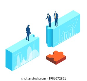 Isometric 3D business environment. Business management infographic. Isometric working space, business people working together with puzzles, making profit, solving problems, help and support concept