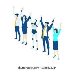 Isometric 3D business environment. Business management infographic. Isometric working space, business people working together with robots