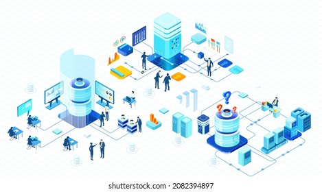 Isometric 3D business environment. Business management. Isometric office space, server room with business people. Technology, success, internet, data protection and personal security infographic