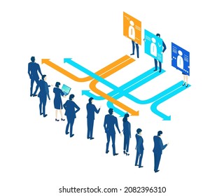 Isometric 3D business environment. Business management, making decisions on employment, human resourses. Isometric office space