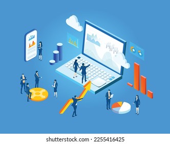 Isometric 3D business environment. Business management. Isometric space and  business people working together next to laptop. Technology, success, data protection and personal security infographic 