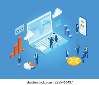 Isometric 3D business environment. Business management. Isometric space and  business people working together next to laptop. Technology, success, data protection and personal security infographic 