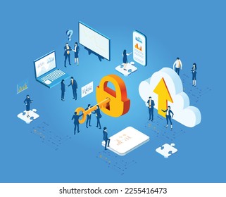 Isometric 3D business environment. Business management. Isometric space and  business people working together with golden lock. Technology, success, data protection and personal security infographic 