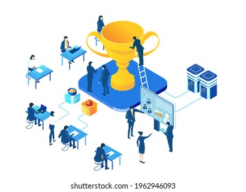 Isometric 3D business environment. Isometric office space, business people work around golden trophy as symbol of generating fresh content and new ideas. Infographic illustration