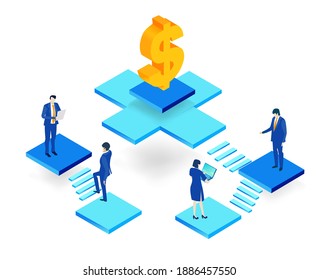 Isometric 3D business environment with business people working and communicating around big golden Dollar sign. Technology, success, internet, data protection and personal security concept 