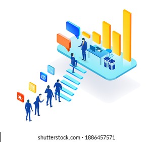 Isometric 3D business environment with business people working and communicating around big growth chart. Technology, success, internet, data protection and personal security concept 