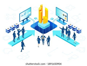 Isometric 3D business environment with business people having seminar, meeting next to growth charts and bars. Success, internet, data protection, security, investments infographic illustration. 