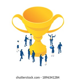 Isometric 3D business environment with business people working and communicating around trophy. Technology, success, internet, data protection and personal security concept infographic illustration.