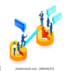 Isometric 3D business environment with business people sit on growth chart and arrow, having seminar, meeting. Success, internet, data protection, security, investments infographic illustration.