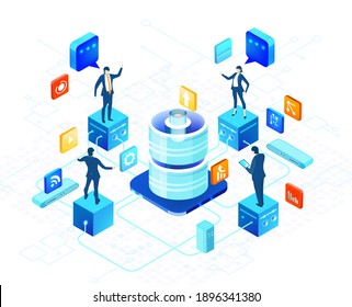 Isometric 3D business environment with business people working and communicating in server room. Technology, success, internet, data protection and personal security concept infographic illustration.