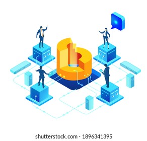 Isometric 3D business environment with business people working and communicating in server room. Technology, success, internet, data protection and personal security concept infographic illustration.