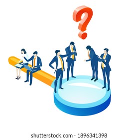 Isometric 3D business environment with business people stand on magnifying glass and discussing problems. Finding solutions, Data protection, security, investment, support infographic illustration.