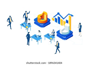 Isometric 3D business environment with business people working around growth charts and bars. Finance, economy, banking, success, personal security concept infographic illustration.