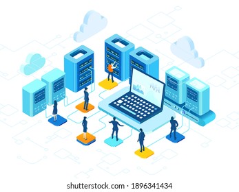 Isometric 3D business environment with business people working and communicating in server room. Technology, success, internet, data protection and personal security concept infographic illustration.