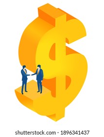 Isometric 3D business environment with business people working and communicating around golden dollar sign. Success, internet, data protection, personal security, banking infographic illustration.