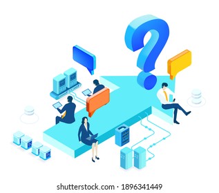 Isometric 3D business environment with business people sitting and working at arrow next to big question mark. Data protection, security, investment, support infographic illustration.