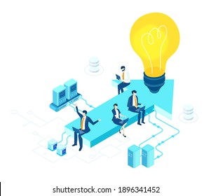 Isometric 3D business environment with business people sitting and working at arrow next to big light bulb. Data protection, security, investment, support infographic illustration.