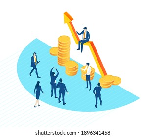 Isometric 3D business environment with business people sit on growth chart and arrow, having seminar, meeting. Success, internet, data protection, security, investments infographic illustration.