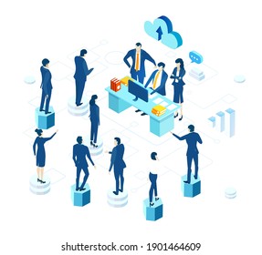 Isometric 3D business environment with business people having a meeting, discussion. Finance, economy, banking, success, personal security concept infographic illustration.