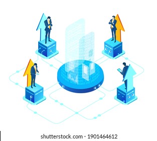 Isometric 3D business environment with business people working and communicating in server room. Dig data concept, Technology, success, internet, data protection and personal security 