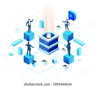 Isometric 3D business environment with business people working and communicating in server room. Dig data concept, Technology, success, internet, data protection and personal security 