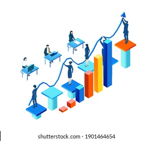 Isometric 3D Business Environment With Business People Working Around Growth Charts And Bars. People Holding Arrow Up.  Finance, Economy, Banking, Success, Personal Security Concept Infographic 