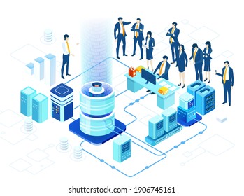 Isometric 3D business environment with business people having a meeting, discussion in server room. Finance, economy, banking, success, personal security concept infographic illustration.